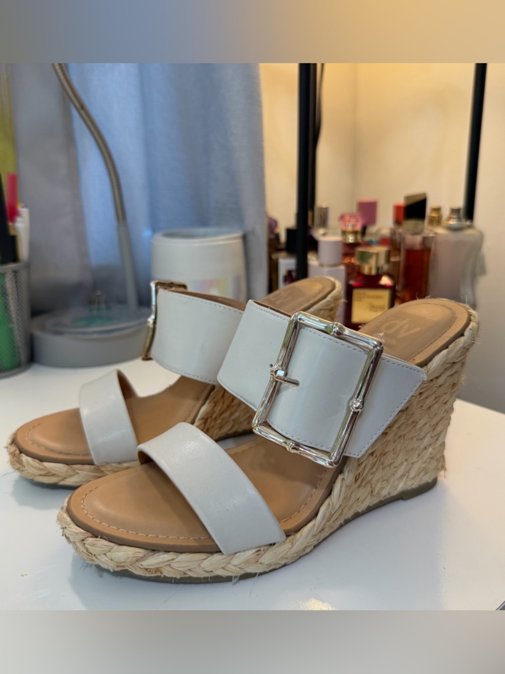 Women’s White Espadrille Wedge Sandals with Buckle